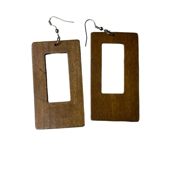 Handmade Rectangular Wooden Dangle Earrings With Cutout Design u - Picture 7 of 7